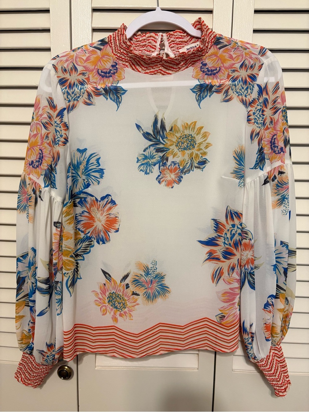 Jealous Tomato White Sheer Floral Blouse with Blue & Orange Accents